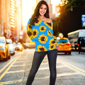 Blue Sunflower Pattern Print Off Shoulder Sweatshirt GearFrost