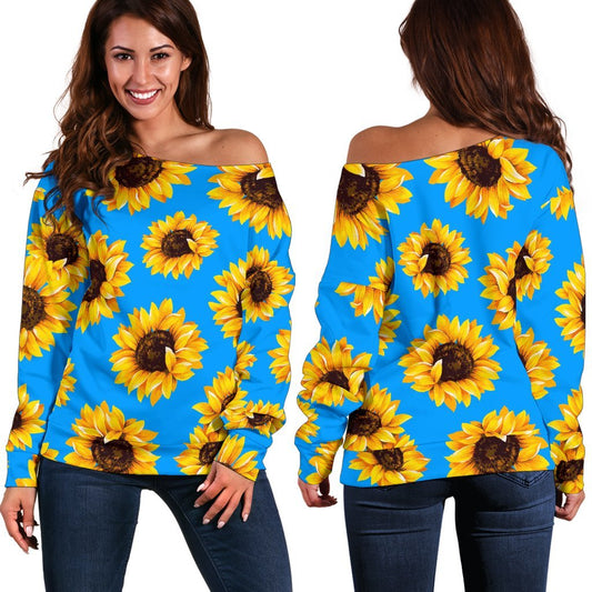 Blue Sunflower Pattern Print Off Shoulder Sweatshirt GearFrost