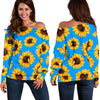 Blue Sunflower Pattern Print Off Shoulder Sweatshirt GearFrost