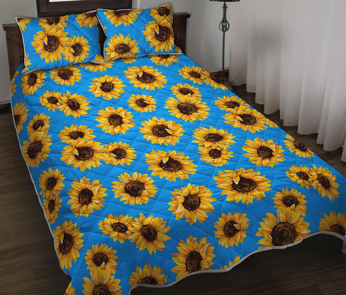 Blue Sunflower Pattern Print Quilt Bed Set