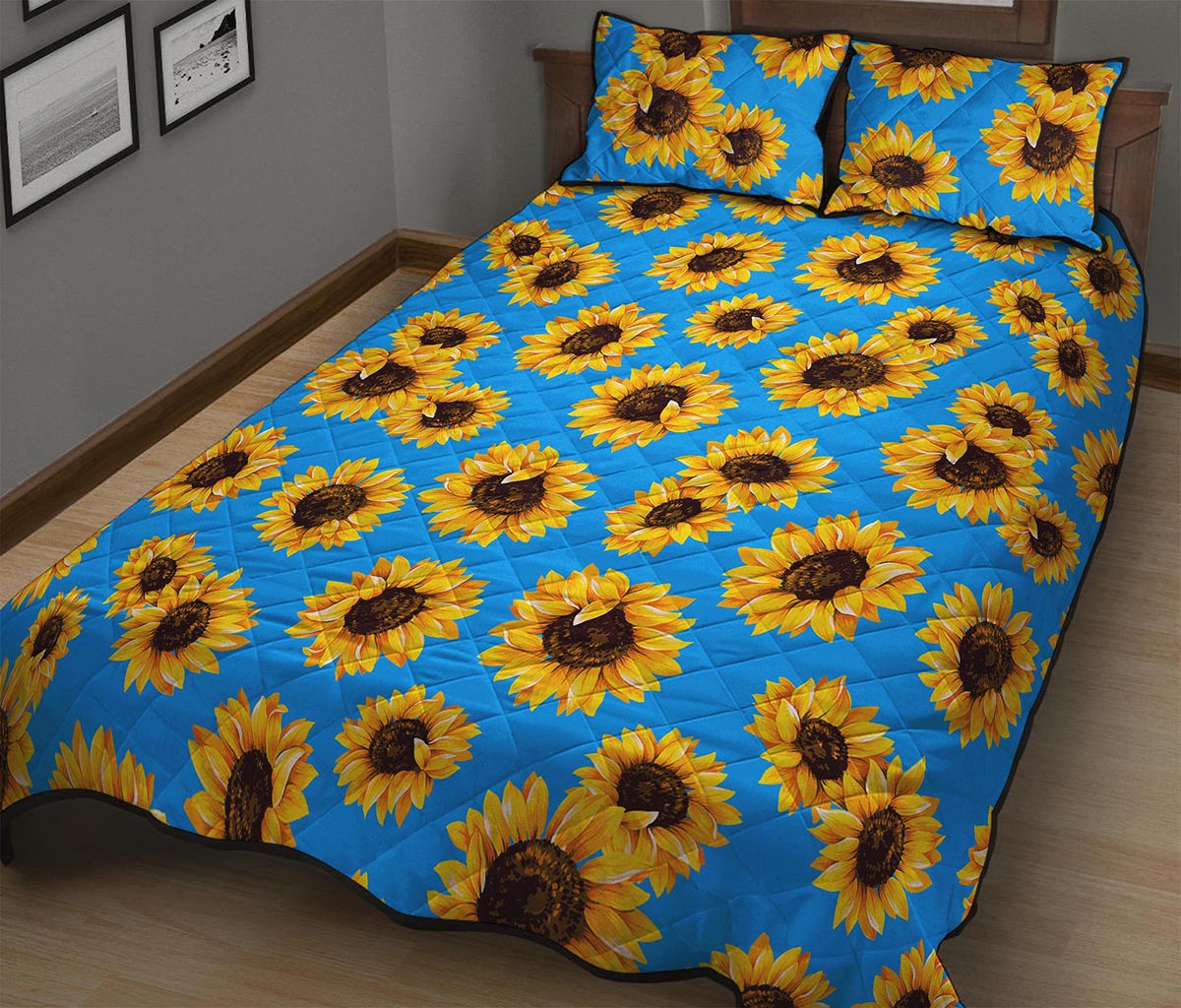 Blue Sunflower Pattern Print Quilt Bed Set