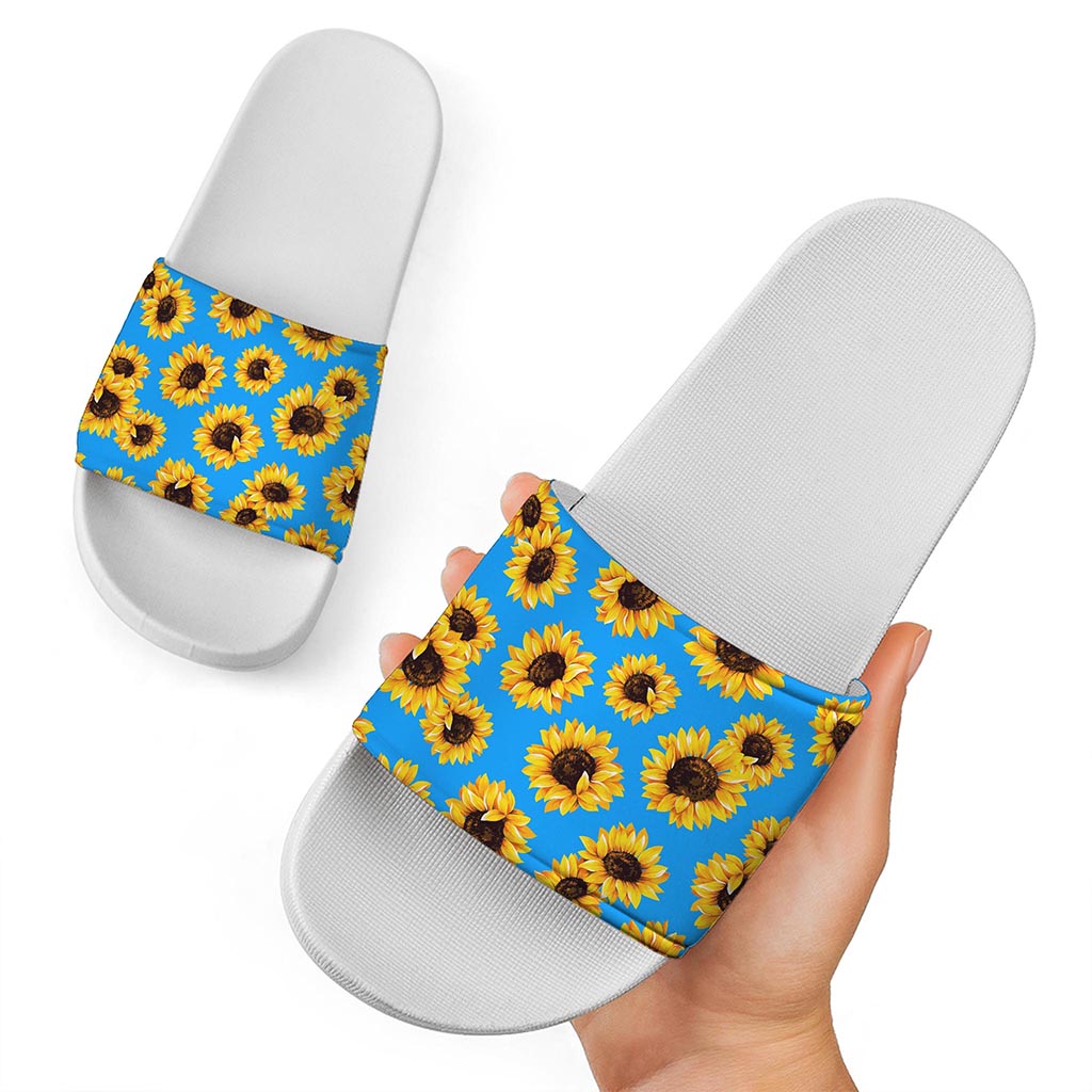 Blue Sunflower Pattern Print White Slide Sandals