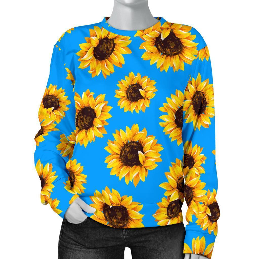 Blue Sunflower Pattern Print Women's Crewneck Sweatshirt GearFrost