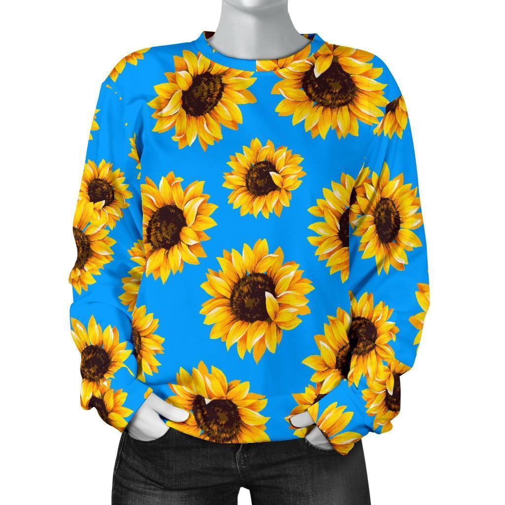 Blue Sunflower Pattern Print Women's Crewneck Sweatshirt GearFrost