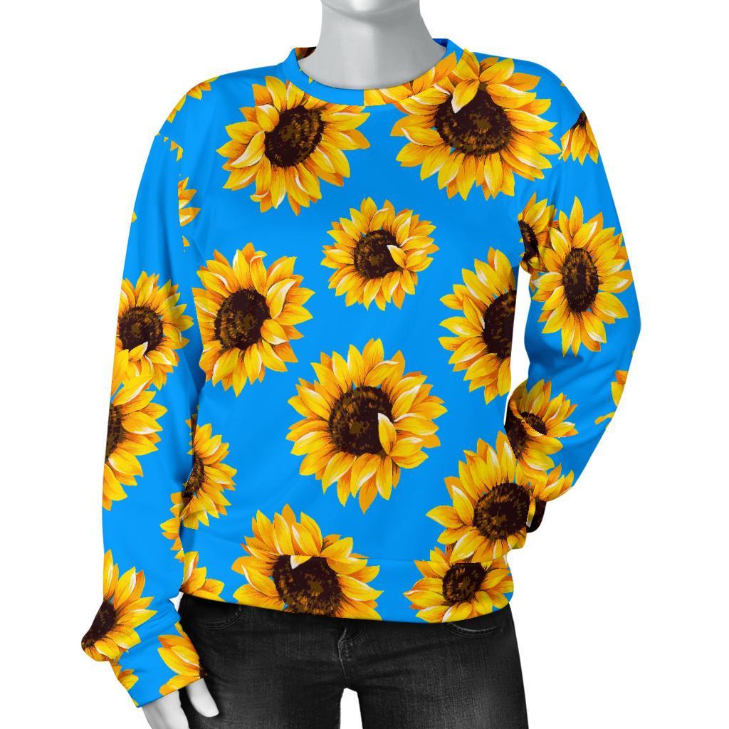 Blue Sunflower Pattern Print Women's Crewneck Sweatshirt GearFrost