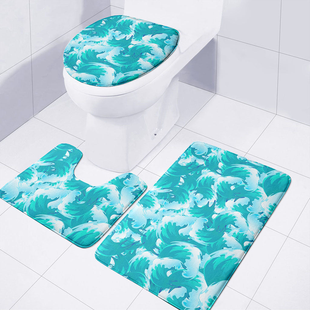 Blue Surfing Wave Pattern Print 3 Piece Bath Mat Set
