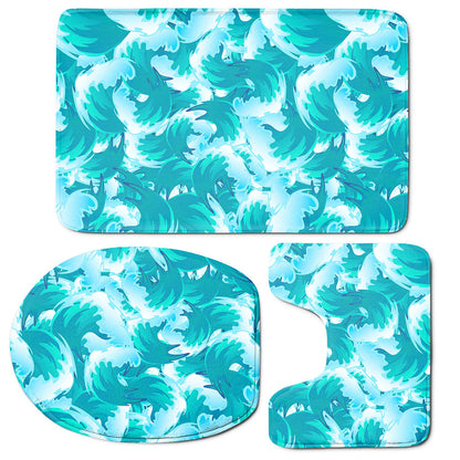 Blue Surfing Wave Pattern Print 3 Piece Bath Mat Set