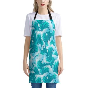 Blue Surfing Wave Pattern Print Apron