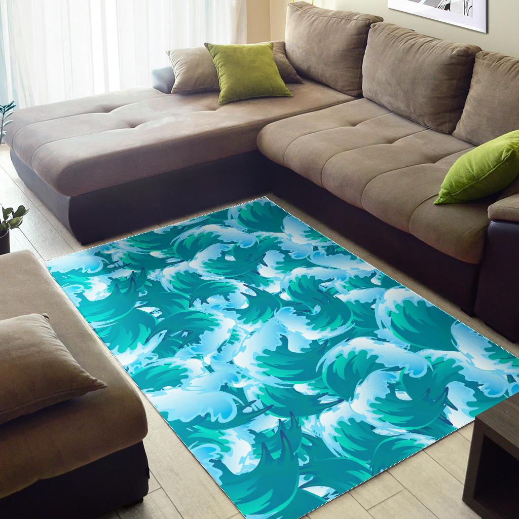 Blue Surfing Wave Pattern Print Area Rug GearFrost