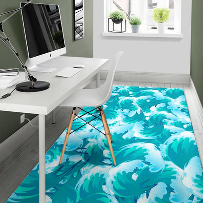 Blue Surfing Wave Pattern Print Area Rug GearFrost