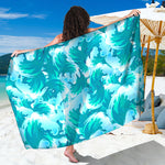 Blue Surfing Wave Pattern Print Beach Sarong Wrap