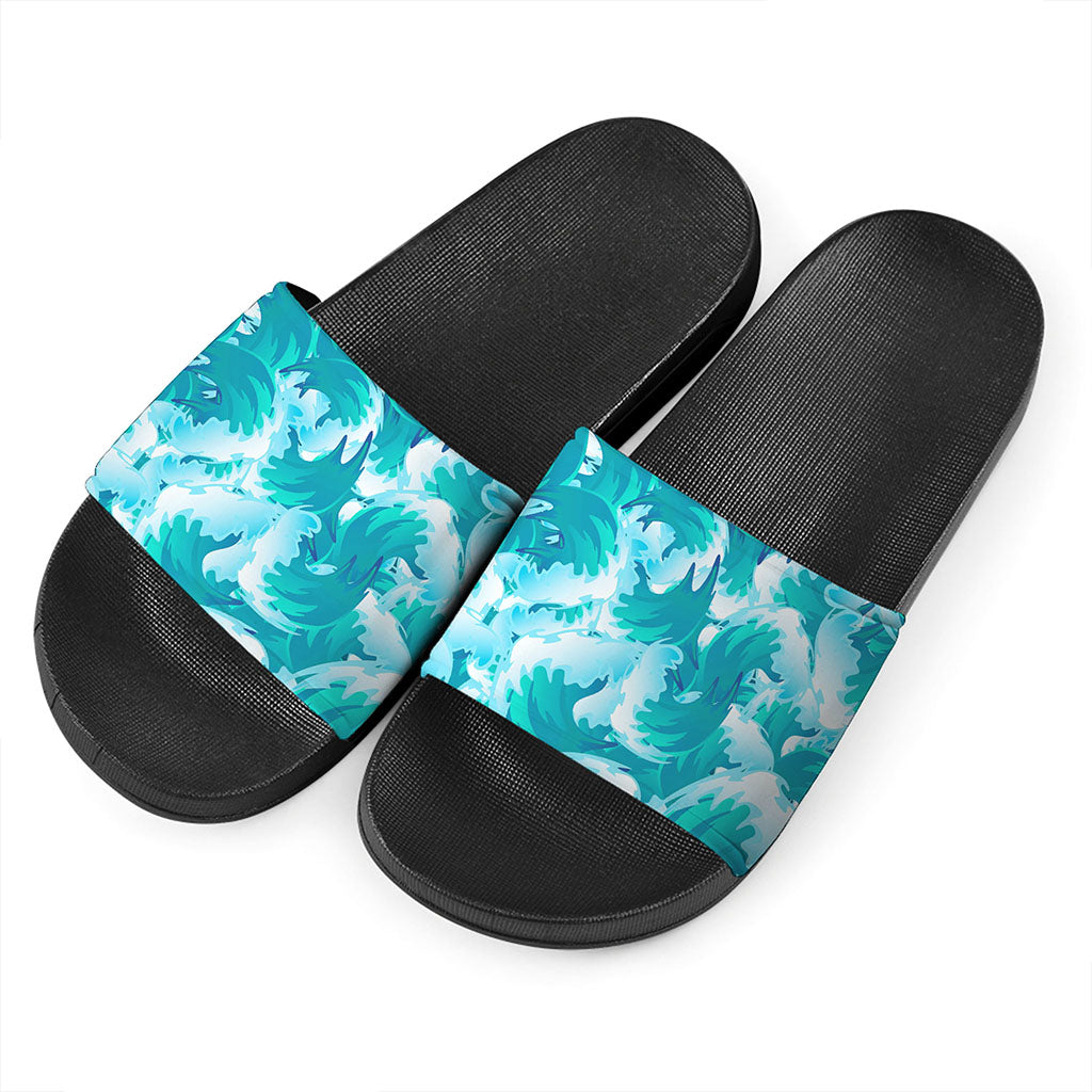 Blue Surfing Wave Pattern Print Black Slide Sandals