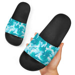 Blue Surfing Wave Pattern Print Black Slide Sandals