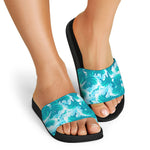 Blue Surfing Wave Pattern Print Black Slide Sandals