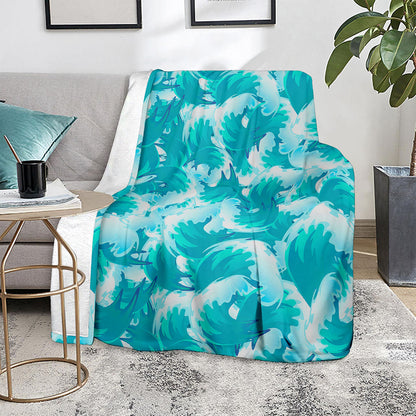 Blue Surfing Wave Pattern Print Blanket