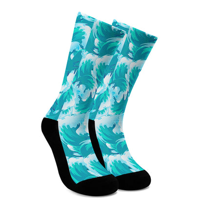 Blue Surfing Wave Pattern Print Crew Socks
