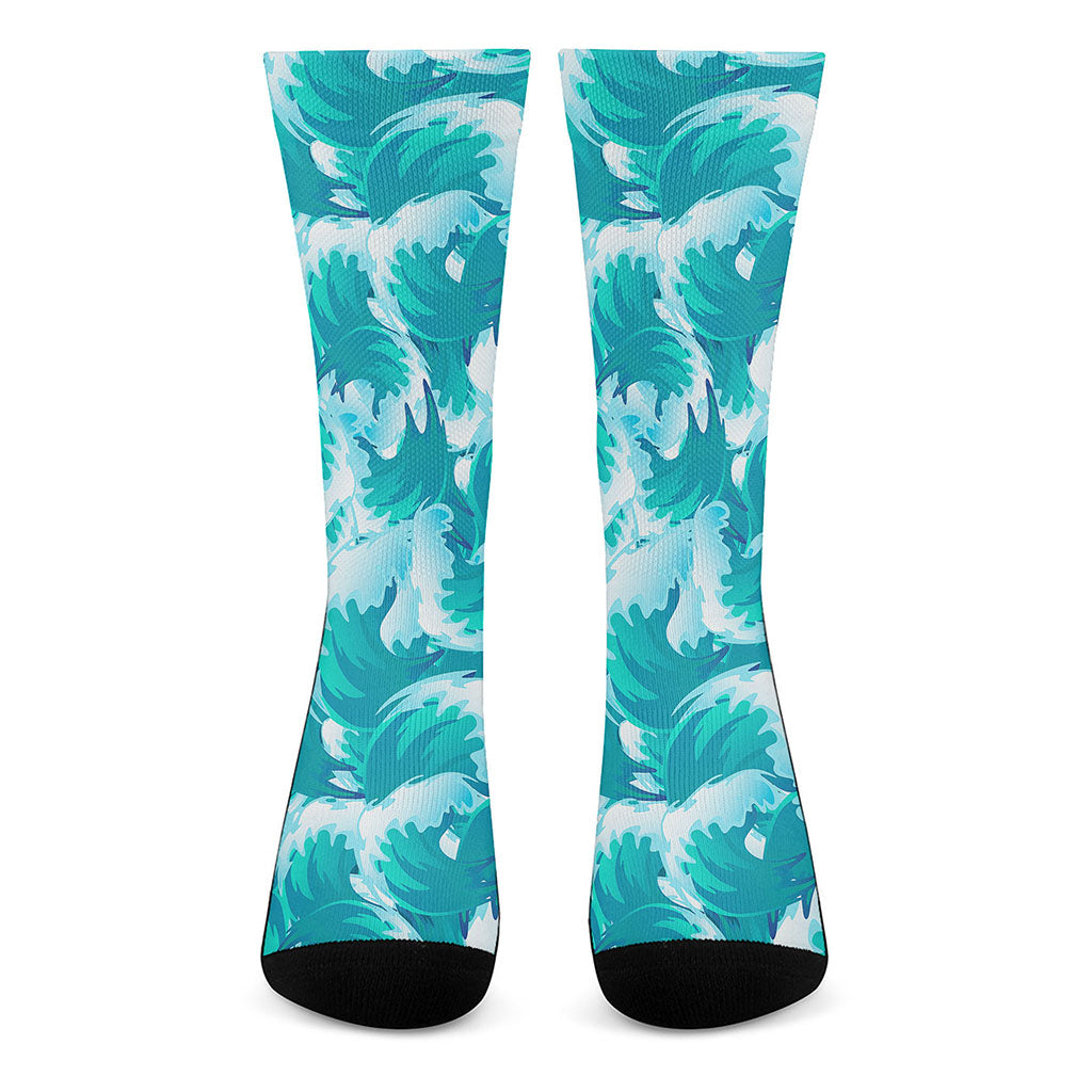 Blue Surfing Wave Pattern Print Crew Socks