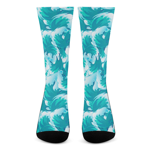 Blue Surfing Wave Pattern Print Crew Socks