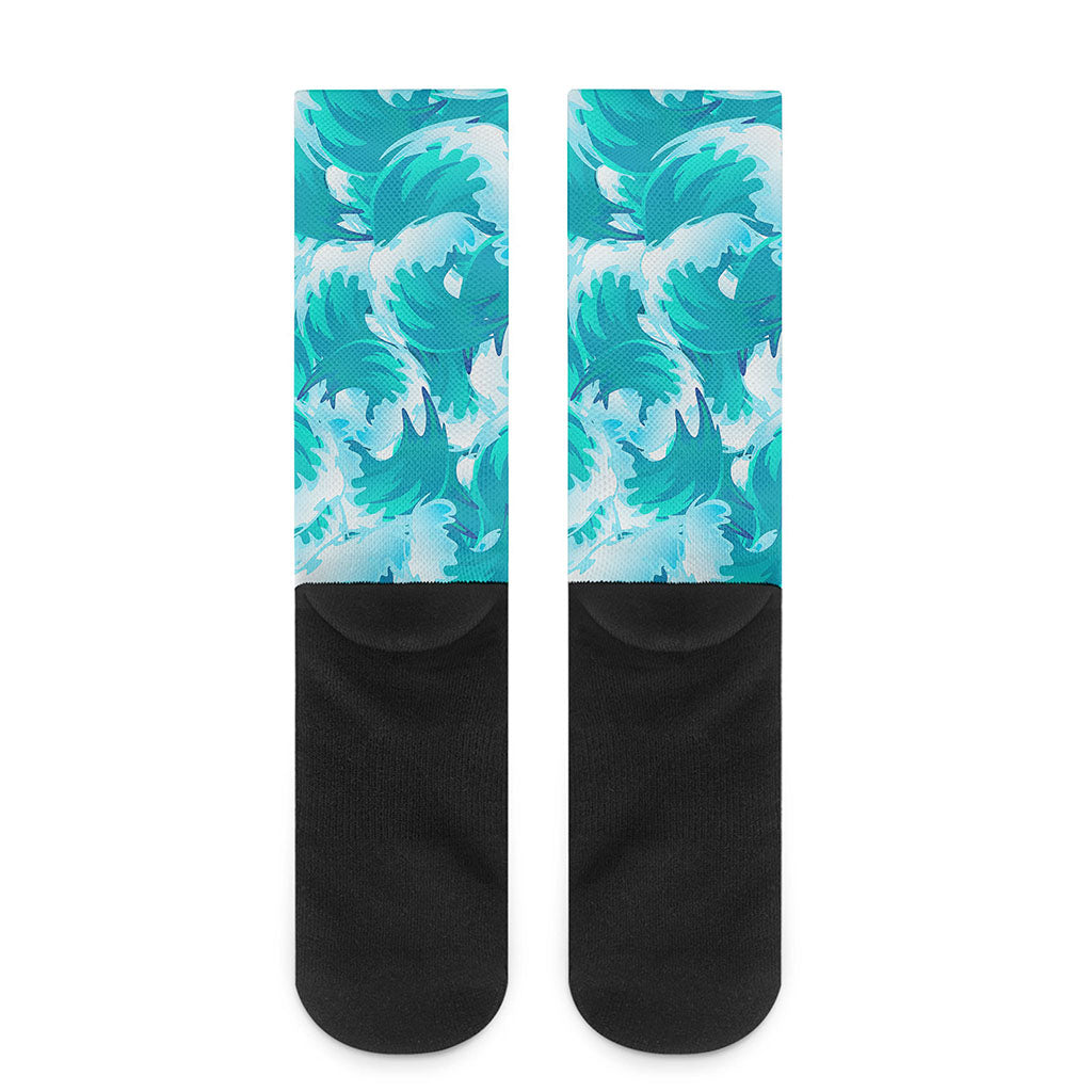 Blue Surfing Wave Pattern Print Crew Socks
