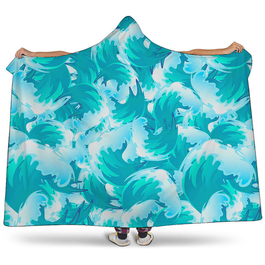 Blue Surfing Wave Pattern Print Hooded Blanket