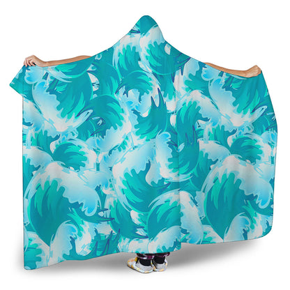 Blue Surfing Wave Pattern Print Hooded Blanket