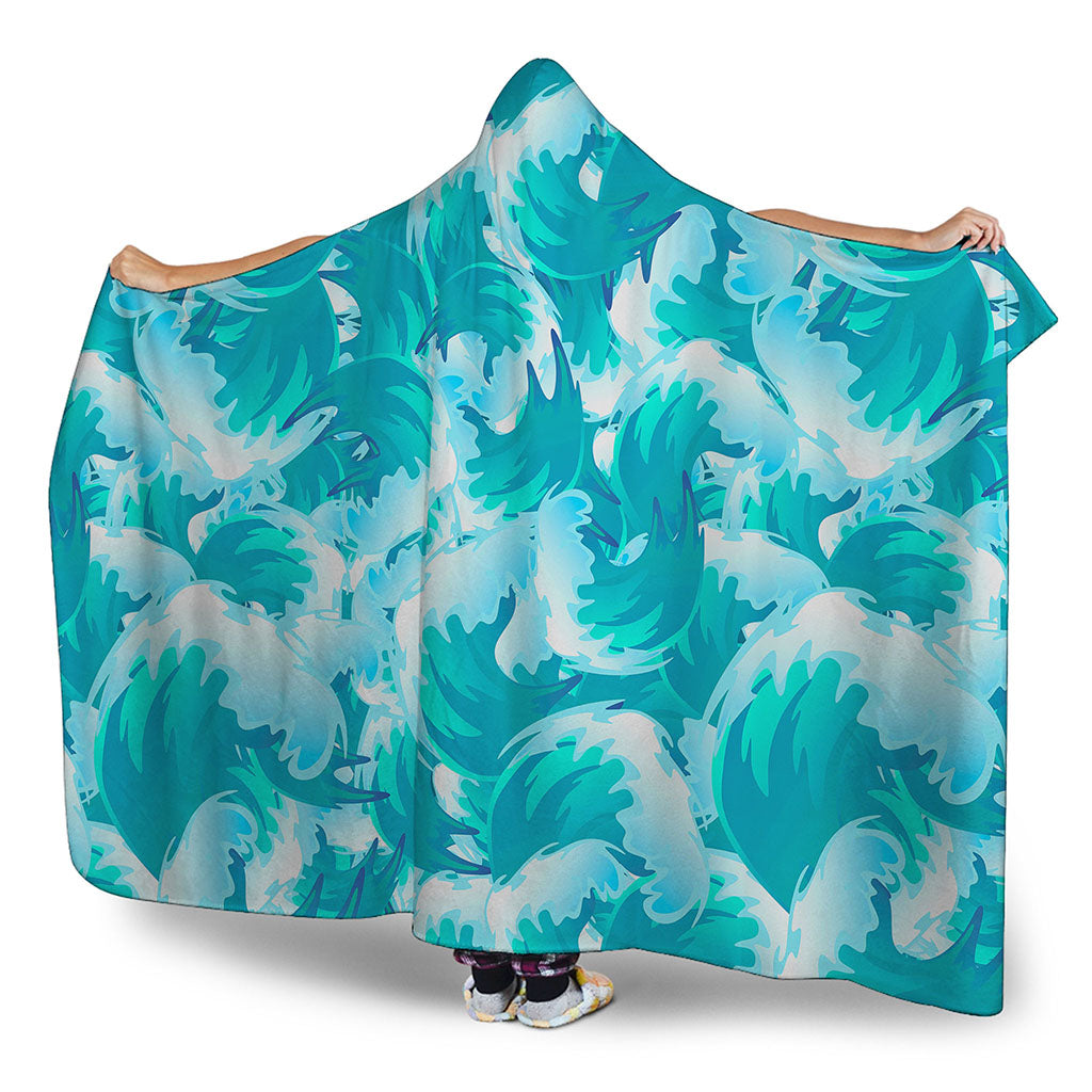 Blue Surfing Wave Pattern Print Hooded Blanket