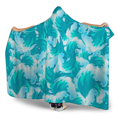 Blue Surfing Wave Pattern Print Hooded Blanket