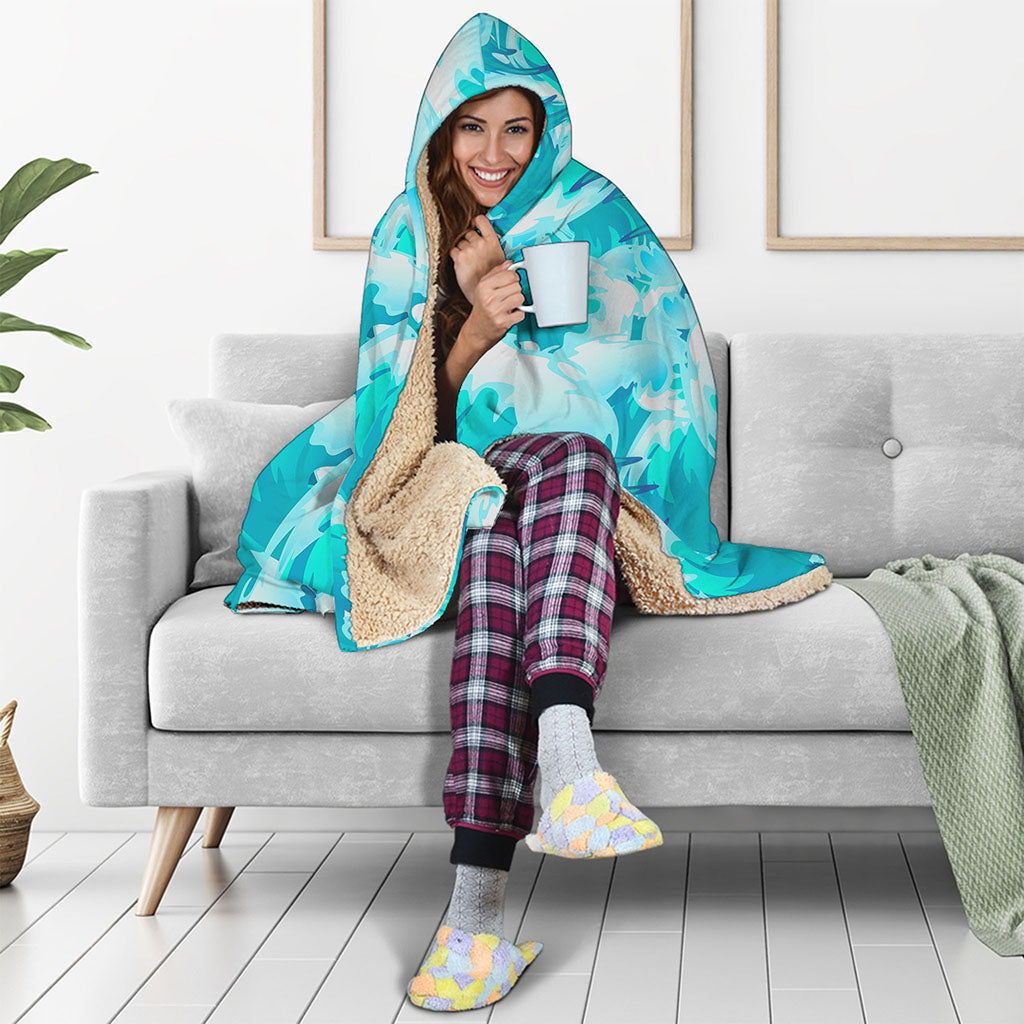 Blue Surfing Wave Pattern Print Hooded Blanket