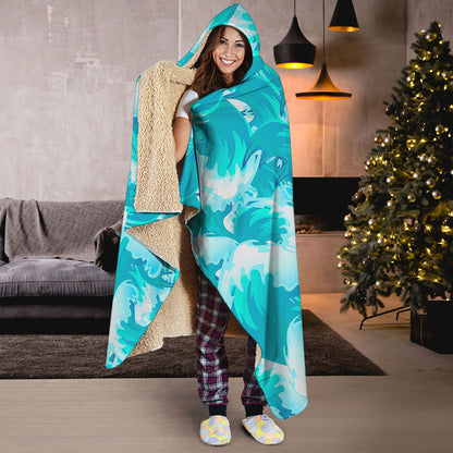 Blue Surfing Wave Pattern Print Hooded Blanket