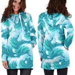 Blue Surfing Wave Pattern Print Hoodie Dress GearFrost