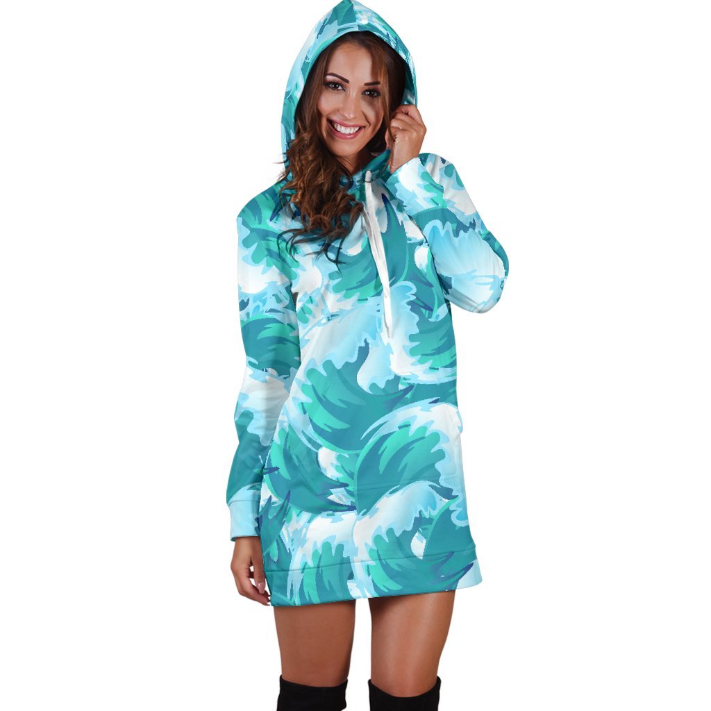 Blue Surfing Wave Pattern Print Hoodie Dress GearFrost
