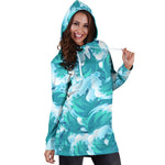 Blue Surfing Wave Pattern Print Hoodie Dress GearFrost
