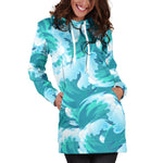 Blue Surfing Wave Pattern Print Hoodie Dress GearFrost