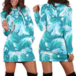 Blue Surfing Wave Pattern Print Hoodie Dress GearFrost
