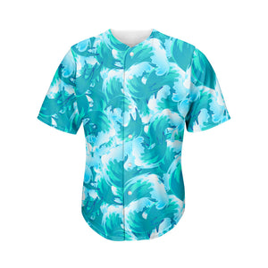 Blue Surfing Wave Pattern Print Men's Baseball Jersey