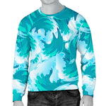 Blue Surfing Wave Pattern Print Men's Crewneck Sweatshirt GearFrost