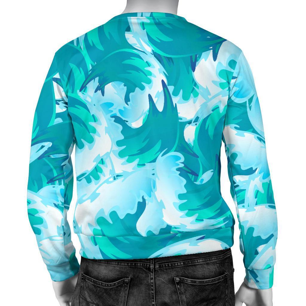 Blue Surfing Wave Pattern Print Men's Crewneck Sweatshirt GearFrost