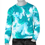 Blue Surfing Wave Pattern Print Men's Crewneck Sweatshirt GearFrost