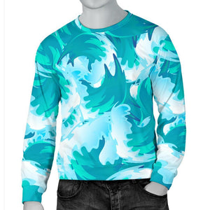 Blue Surfing Wave Pattern Print Men's Crewneck Sweatshirt GearFrost