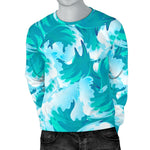 Blue Surfing Wave Pattern Print Men's Crewneck Sweatshirt GearFrost