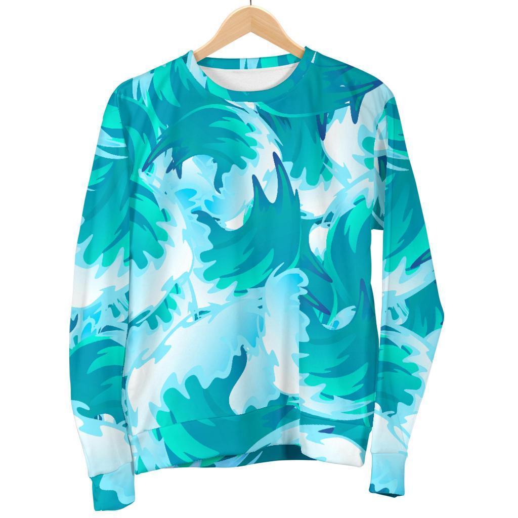 Blue Surfing Wave Pattern Print Men's Crewneck Sweatshirt GearFrost