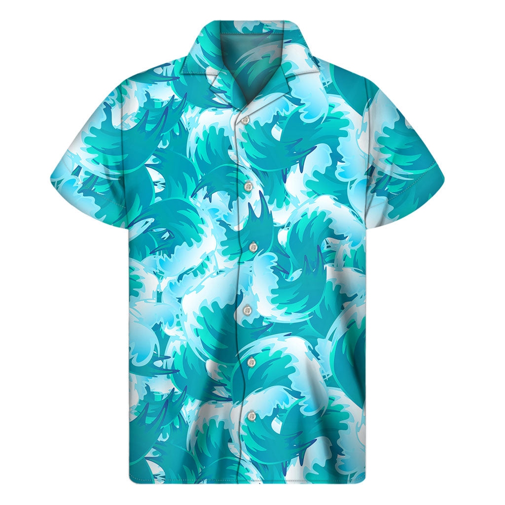 Blue Surfing Wave Pattern Print Men's Short Sleeve Shirt