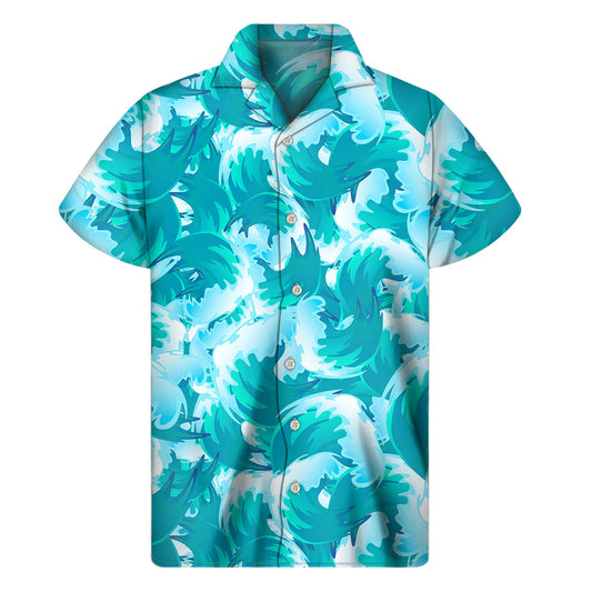 Blue Surfing Wave Pattern Print Men's Short Sleeve Shirt