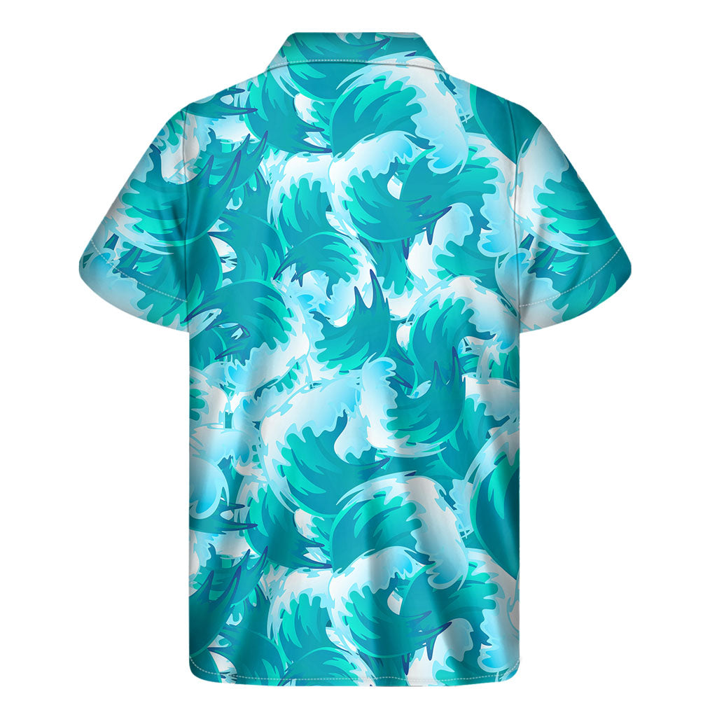 Blue Surfing Wave Pattern Print Men's Short Sleeve Shirt