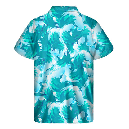 Blue Surfing Wave Pattern Print Men's Short Sleeve Shirt