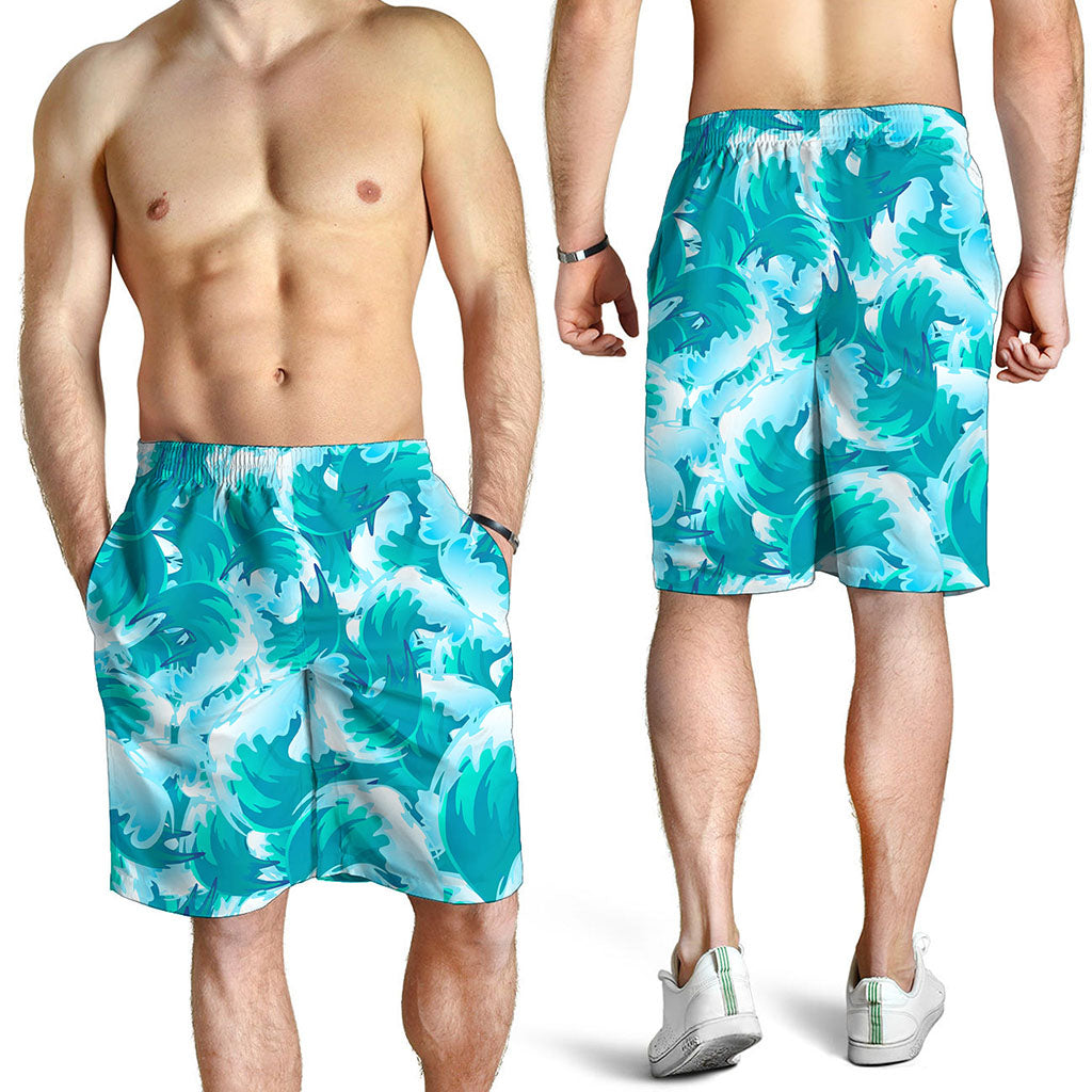 Blue Surfing Wave Pattern Print Men's Shorts