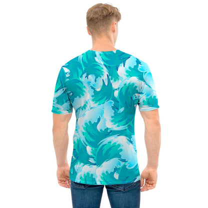 Blue Surfing Wave Pattern Print Men's T-Shirt