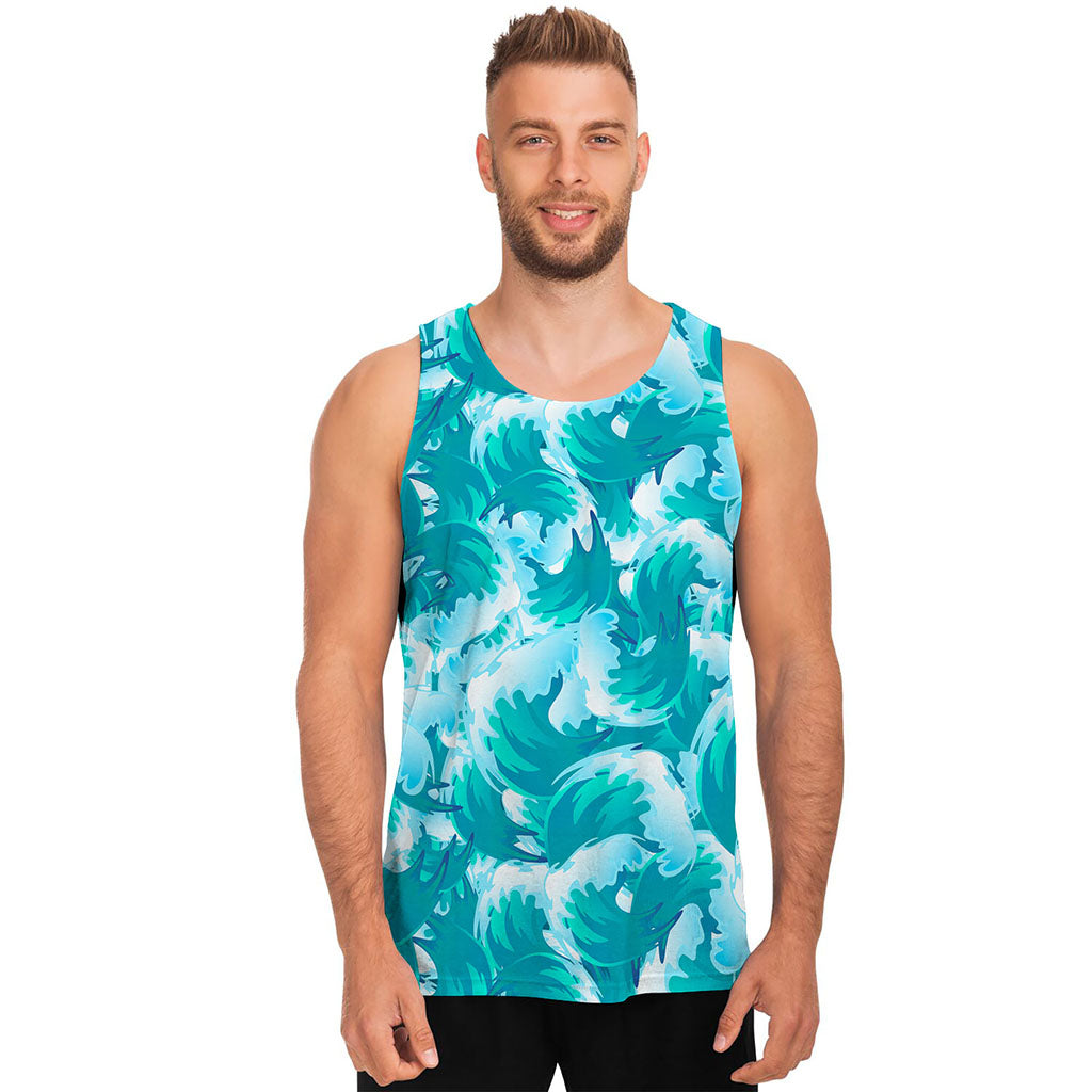 Blue Surfing Wave Pattern Print Men's Tank Top