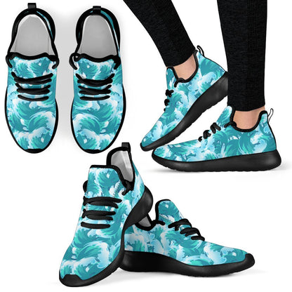 Blue Surfing Wave Pattern Print Mesh Knit Shoes GearFrost