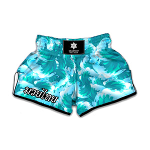 Blue Surfing Wave Pattern Print Muay Thai Boxing Shorts